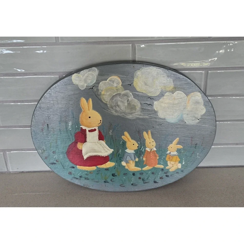 Vintage Hand Painted Wood Plaque Bunny Rabbit Family Folk Art Beatrix Potter